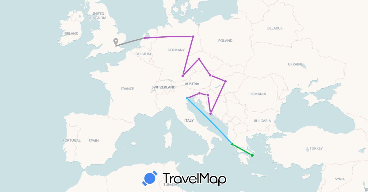 TravelMap itinerary: bus, plane, train, boat in Austria, Czech Republic, Germany, United Kingdom, Greece, Croatia, Hungary, Italy, Netherlands, Slovenia (Europe)
